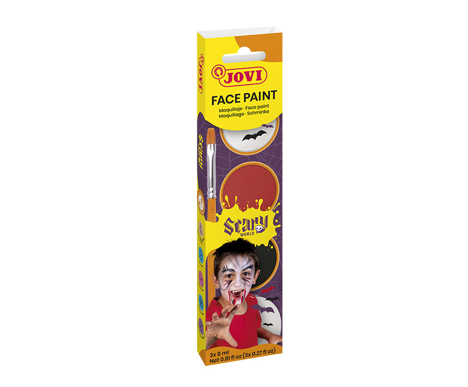 Jovi Gesichtsschminke-Set Scary – 3 × 8 ml – Weiss, Schwarz, Rot – Creme, inkl. Pinsel & Schwamm