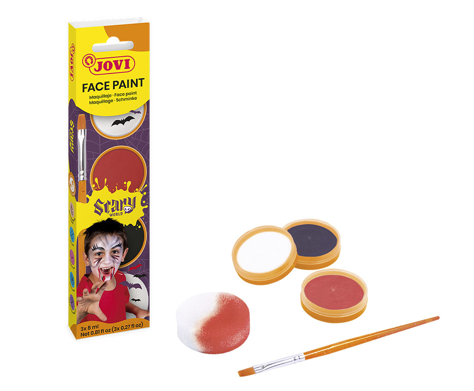 Jovi Gesichtsschminke-Set Scary – 3 × 8 ml – Weiss, Schwarz, Rot – Creme, inkl. Pinsel & Schwamm