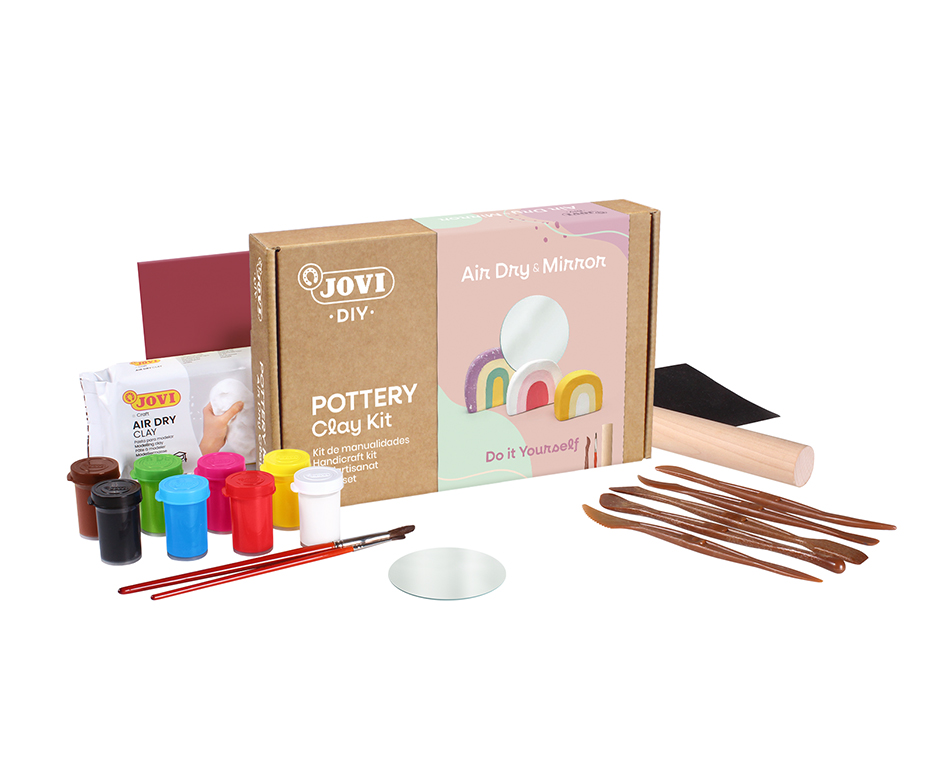 Jovi DIY Töpferset Spiegel – Modelliermasse-Set – 500 g lufttrocknend – 8 × 15 ml Gouache