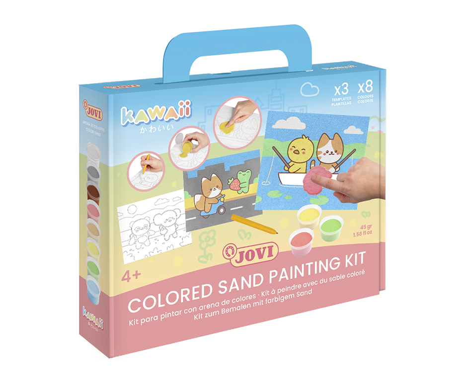 Jovi Kawaii – Sandmalen-Bastelset – 8 × 45 g Farbsand, 3 Vorlagen & Stift