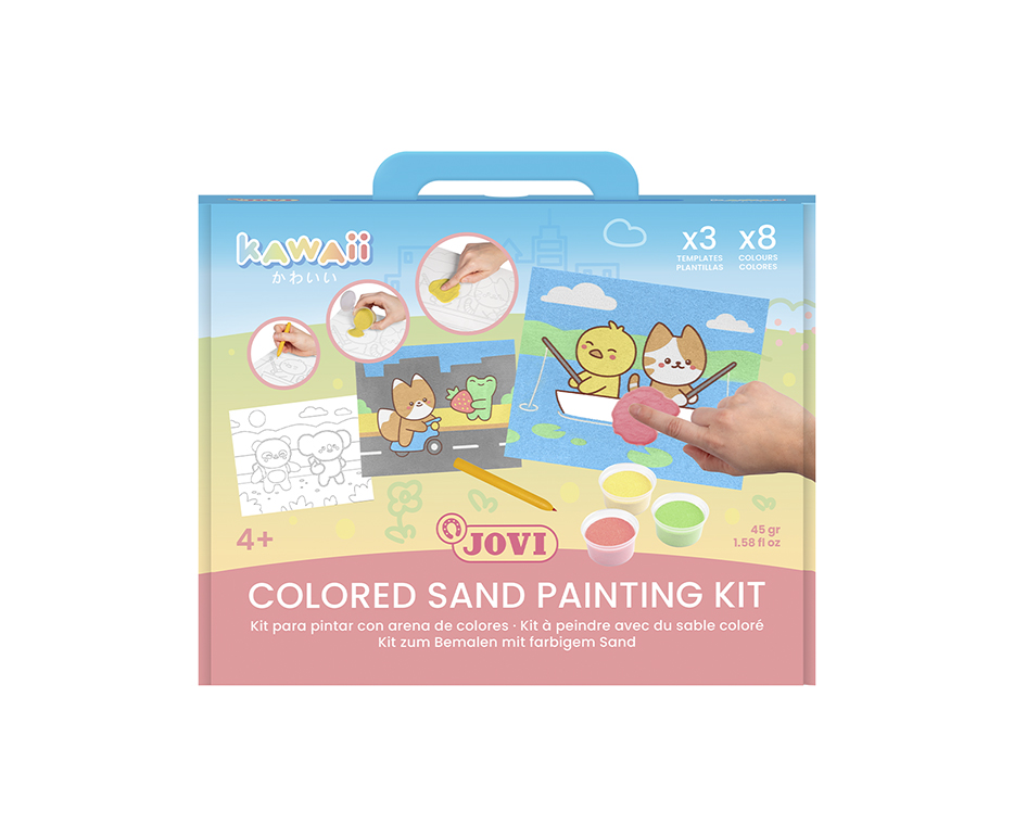 Jovi Kawaii – Sandmalen-Bastelset – 8 × 45 g Farbsand, 3 Vorlagen & Stift