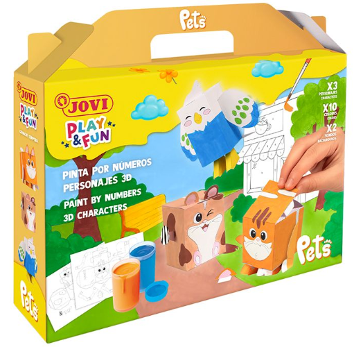 Jovi Play & Fun – Malen-nach-Zahlen-Set – 3D-Tierfiguren – 3 Haustiere – Tempera, ungiftig