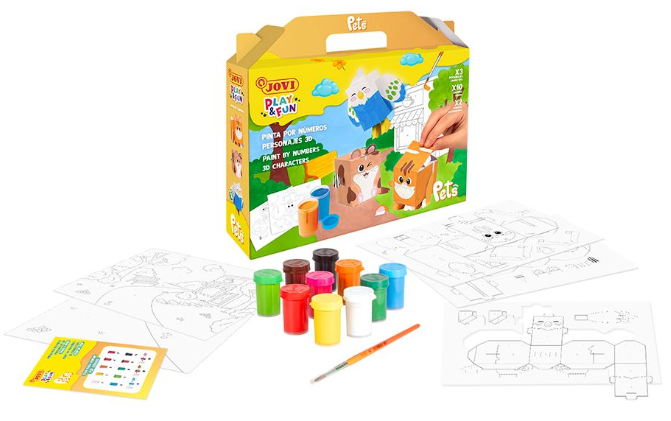 Jovi Play & Fun – Malen-nach-Zahlen-Set – 3D-Tierfiguren – 3 Haustiere – Tempera, ungiftig