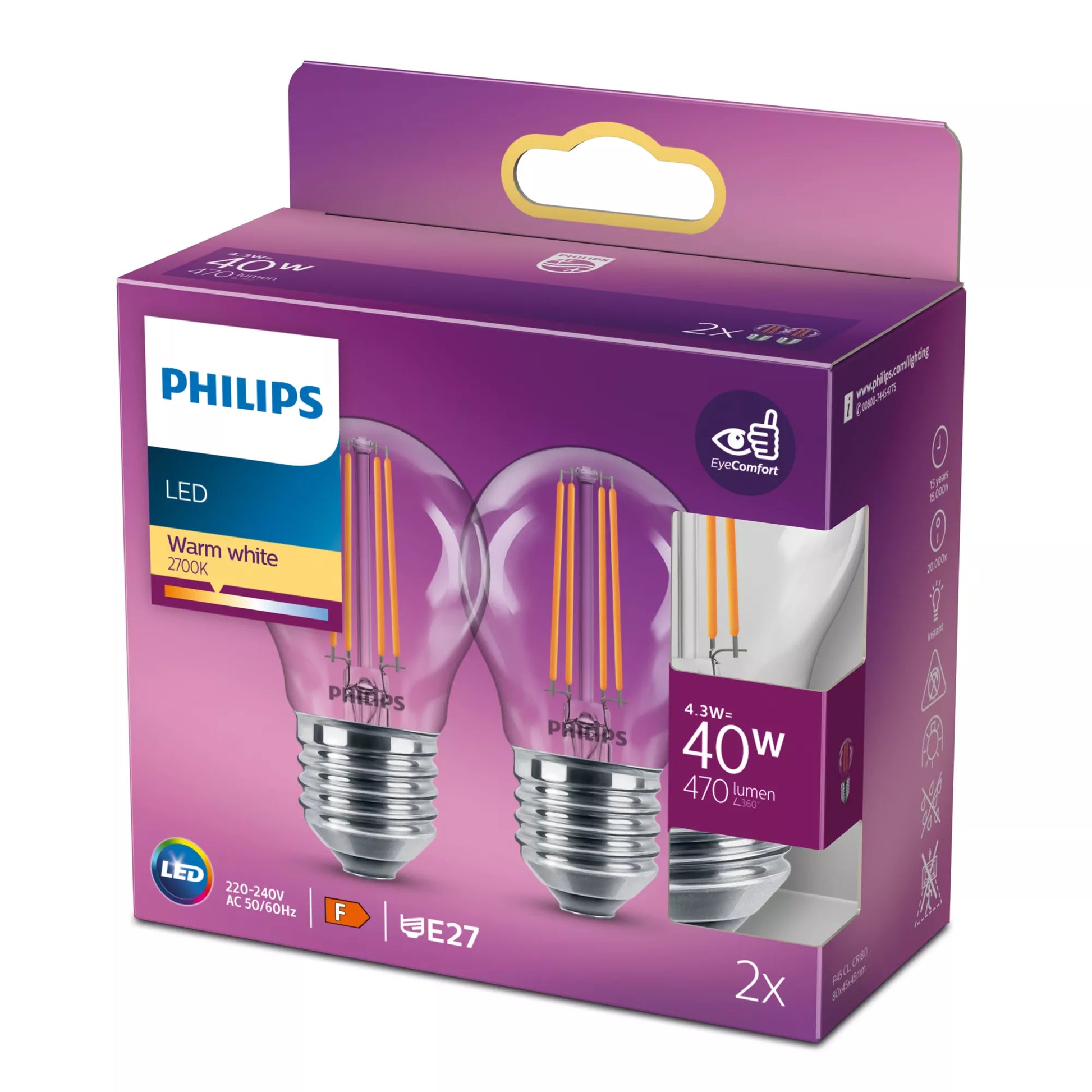 Philips by Signify Philips LED-Leuchtmittel E27 P45 – Warmweiss 2700 K, 470 lm, 4,3 W – 2 Stk. – Klar