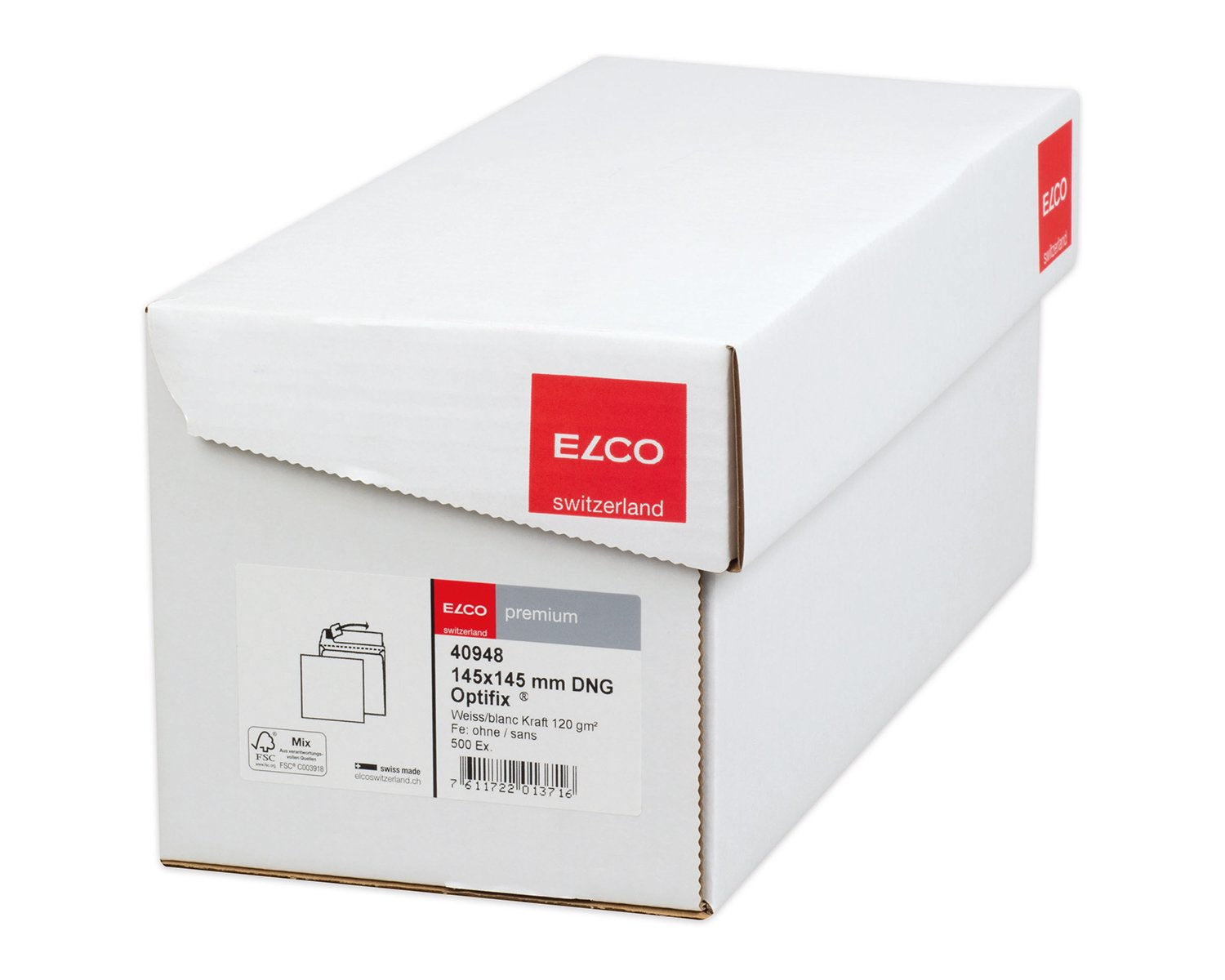 Elco Couvert 155 × 155 mm, ohne Fenster, selbstklebend, hochweiss, 120 g/m², mit Innendruck – 500 Stk.