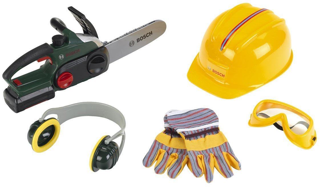 Theo Klein Kettensäge-Spielset – Handwerker – Geräuscheffekt, 37 cm – ab 3 J. – Kunststoff – Gelb/Grün