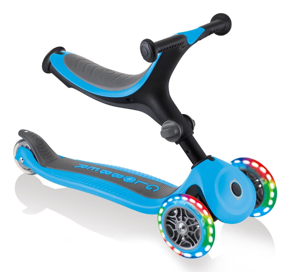 Globber GO UP Foldable Plus Lights Dreiradroller – faltbar, höhenverstellbar – hellblau – ab 1,2 J. – 50 kg