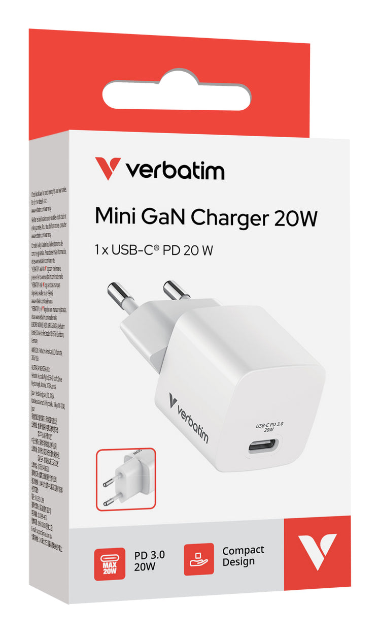 Verbatim 32395 USB-Ladegerät 20 W – USB-C×1 – PD 3.0, GaN – EU-Stecker (Typ C)