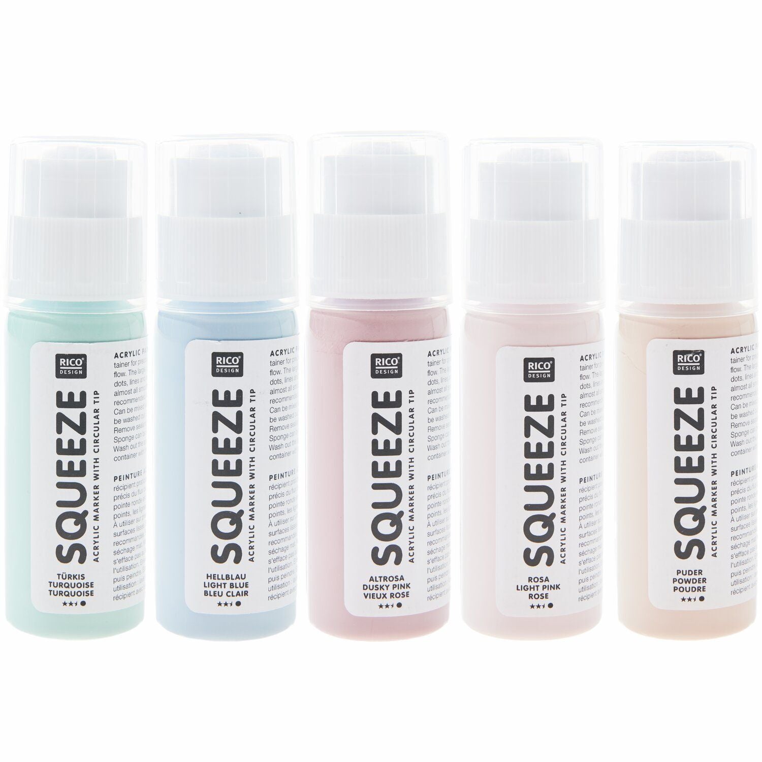 Rico Design Squeeze Marker – Acrylfarbe, Pastell – 5 Farben (5×60 ml, 300 ml)