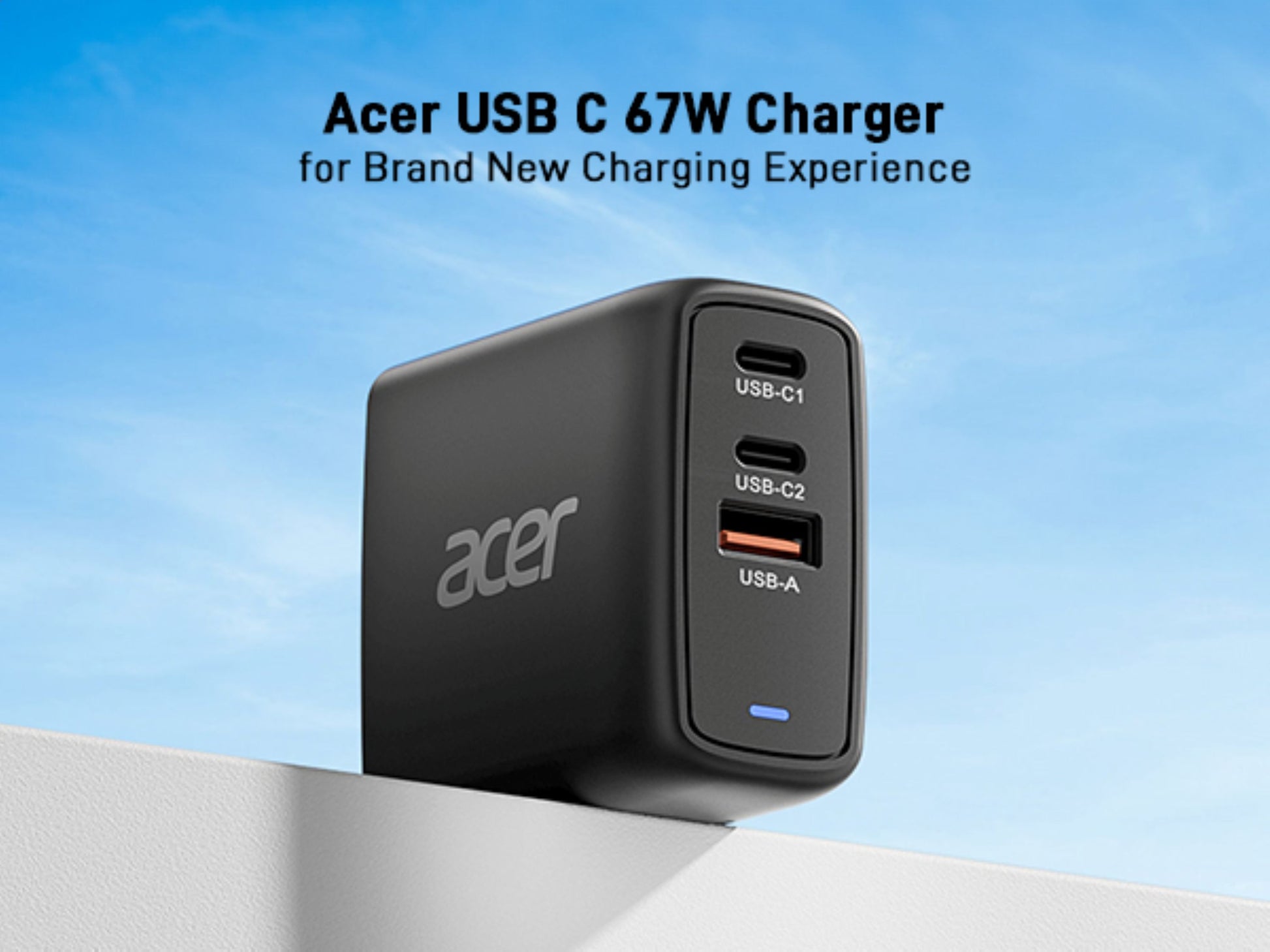 Acer ZL.ADTCC.00J USB-Desktop-Ladegerät 67 W – USB-C×2, USB-A×1 – PD, GaN, 2 m Kabel, schwarz