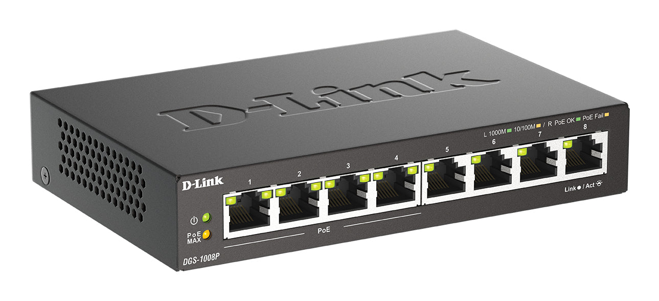 D-Link DGS-1008P – Unmanaged L2 Switch – 8× 1G, 4× PoE+, PoE Budget 60 W, Desktop