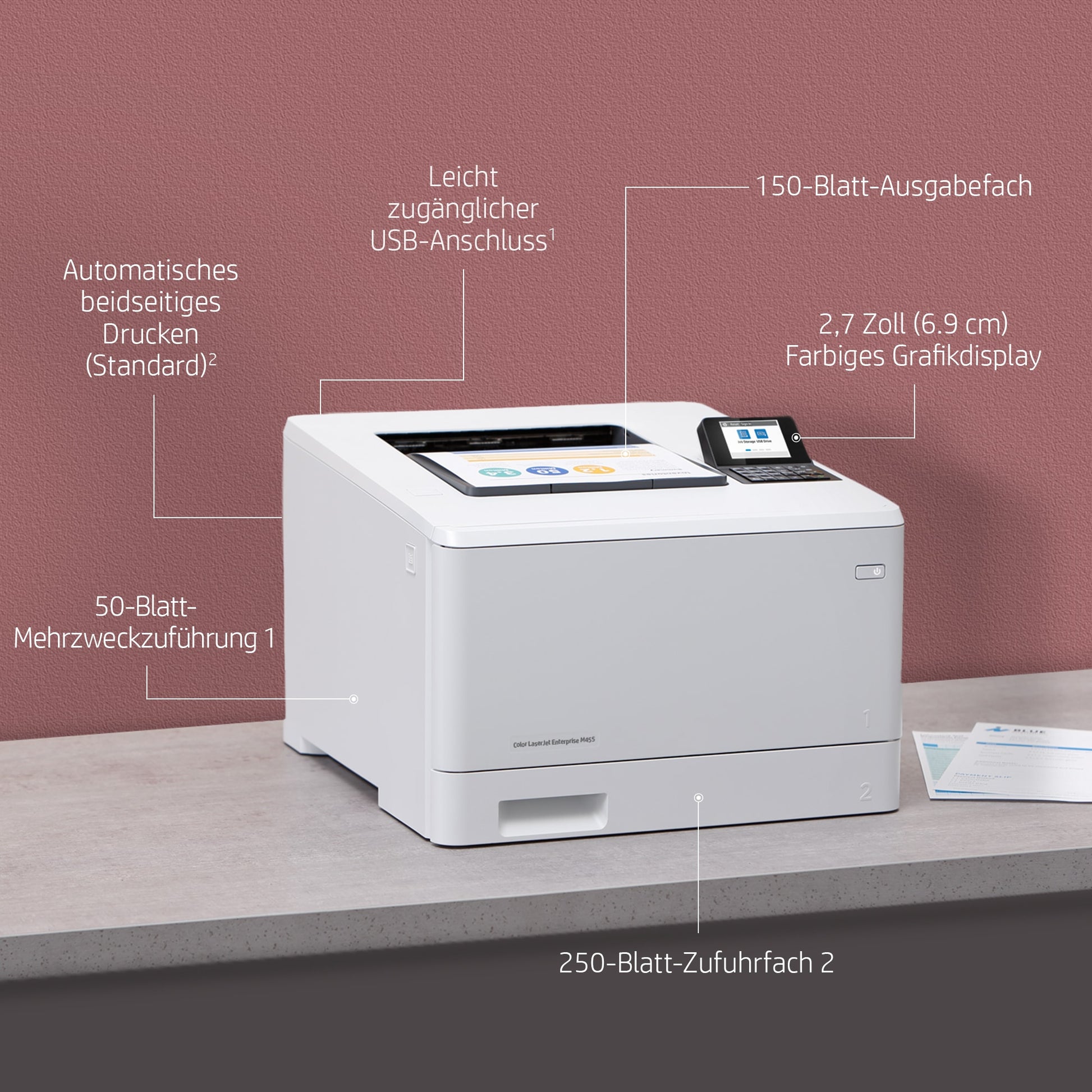 HP Color LaserJet Enterprise M455dn – A4, Farbe, Duplex, 27 S./Min., 600 × 600 dpi, WLAN/LAN/USB
