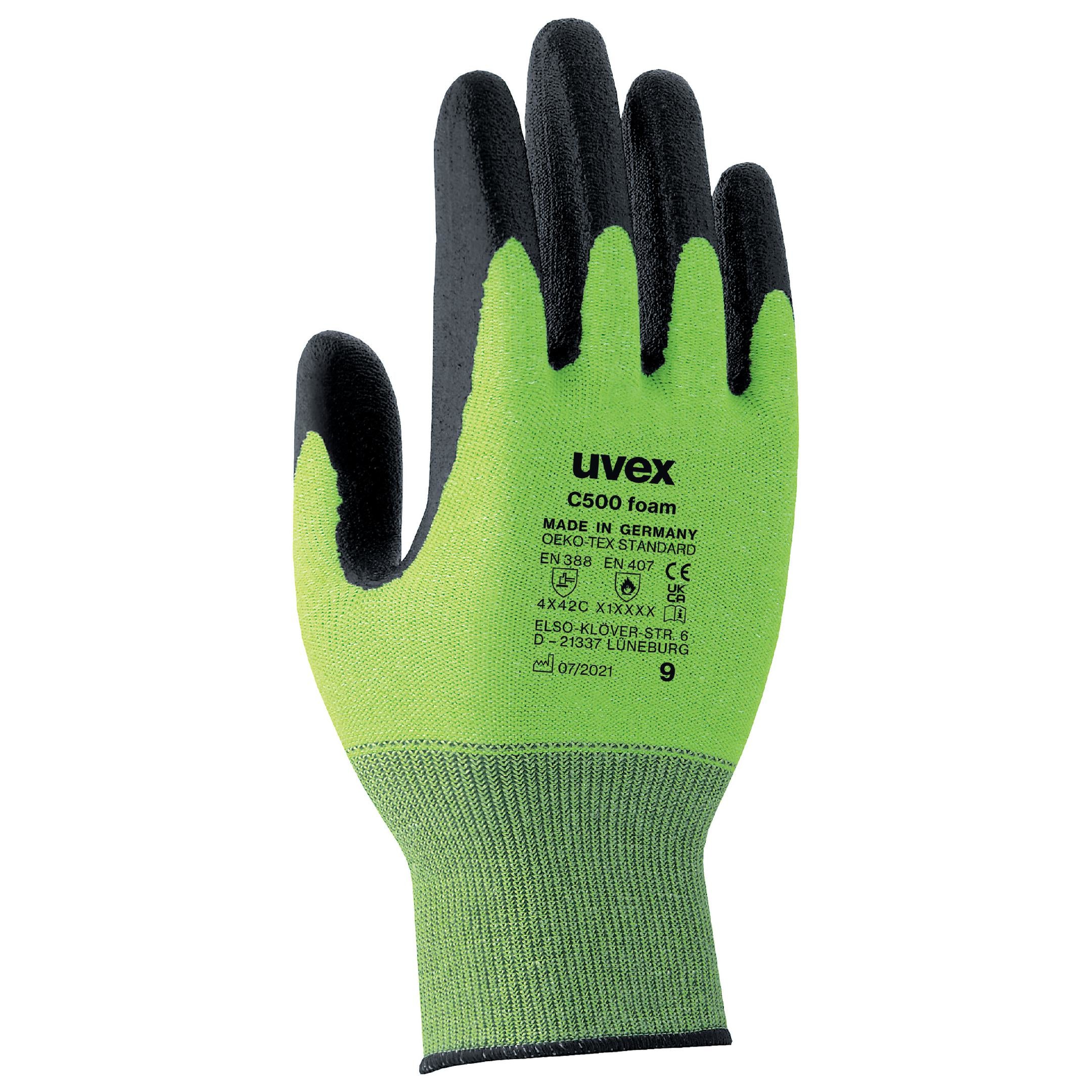 Uvex Schnittschutzhandschuhe C500 Foam – Grösse 8 – HPPE (Polyethylen), Viskose – Schwarz/Grün