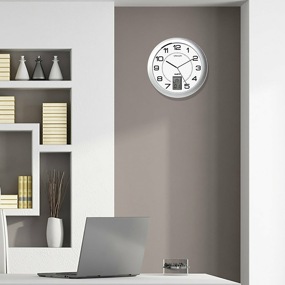 Unilux Wanduhr Instinct – Ø 30,5 cm, metallgrau, Kunststoff, Thermometer, Datum