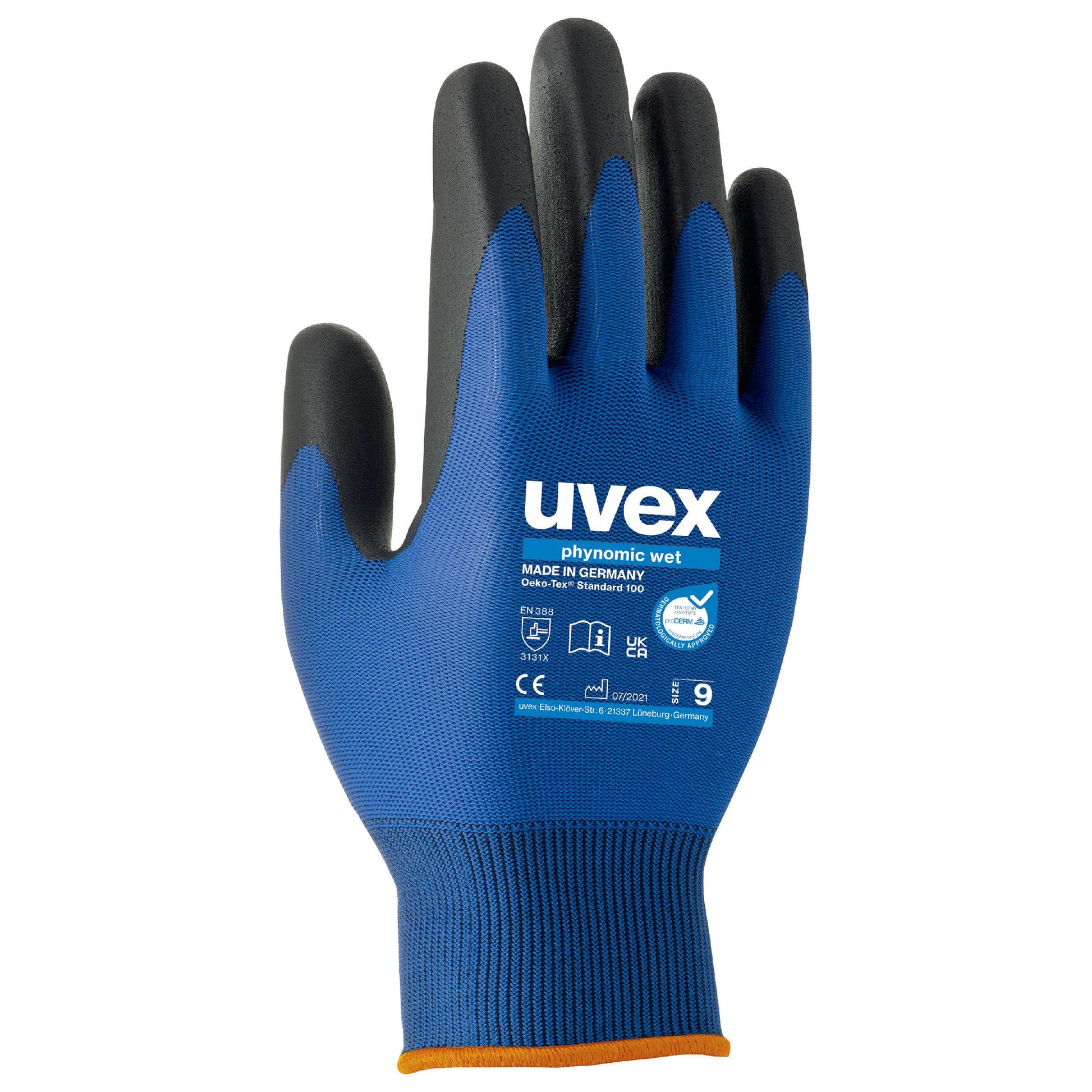 Uvex Arbeitshandschuhe Phynomic Wet – Grösse 11 – Polyamid/Elastan, Blau/Grau, Aqua-Polymer-Schaum