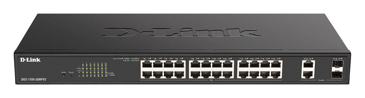 D-Link DGS-1100-26MPV2 – Verwalteter L2 Switch – 24× 1G, 2× SFP, PoE+, PoE-Budget 370 W, 19"
