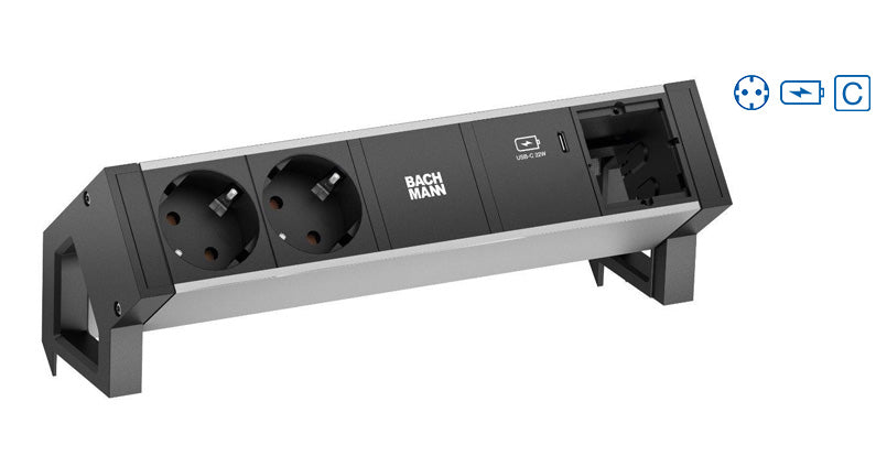 Bachmann DESK2 ALU BLACK – Tischsteckdosenleiste, 2× Schuko (Typ F), 1× USB-C 60W, 0,2 m, Stecker GST18