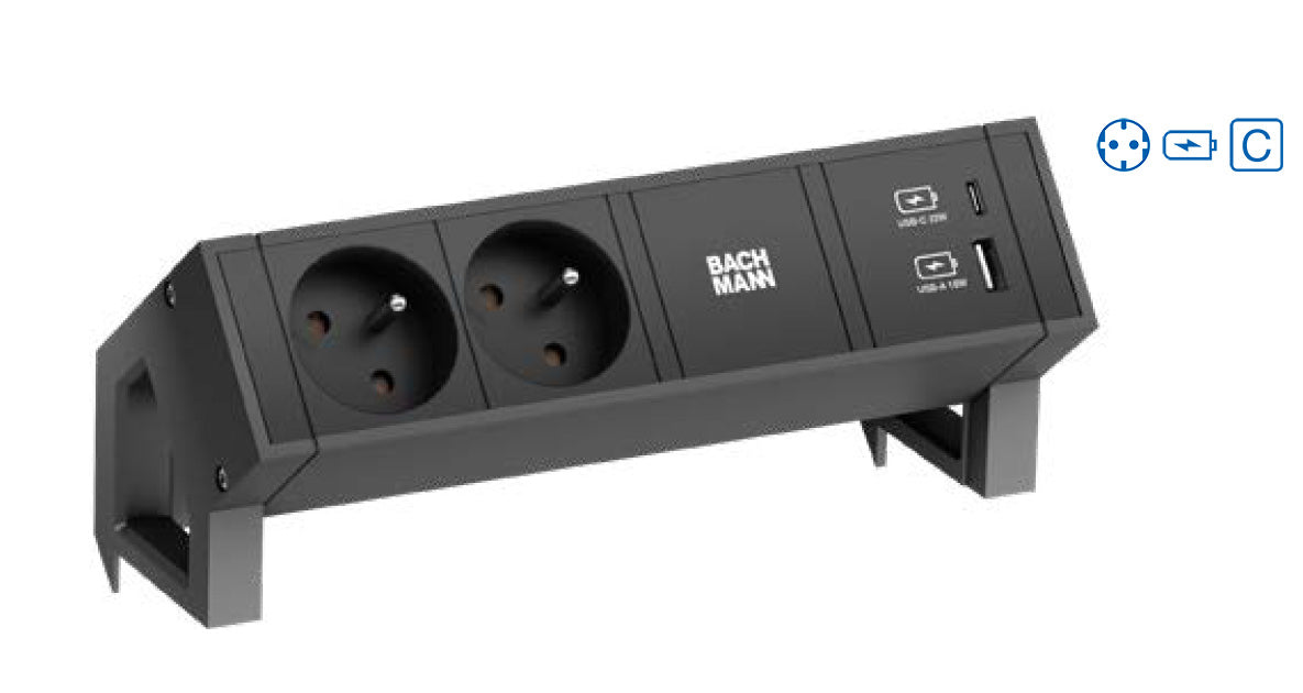 Bachmann DESK2 Steckdosenleiste Typ F 2× – USB‑C×1, USB‑A×1 – 22 W USB – Kabel 0,2 m – Schwarz