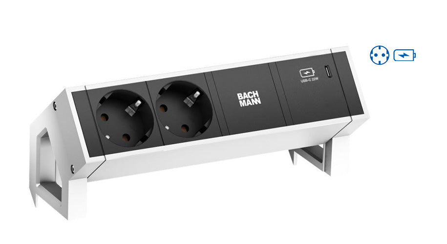 Bachmann DESK2 – Tischsteckdosenleiste, 2× T13, 1× USB-C 60 W, 0,2 m, Stecker GST18