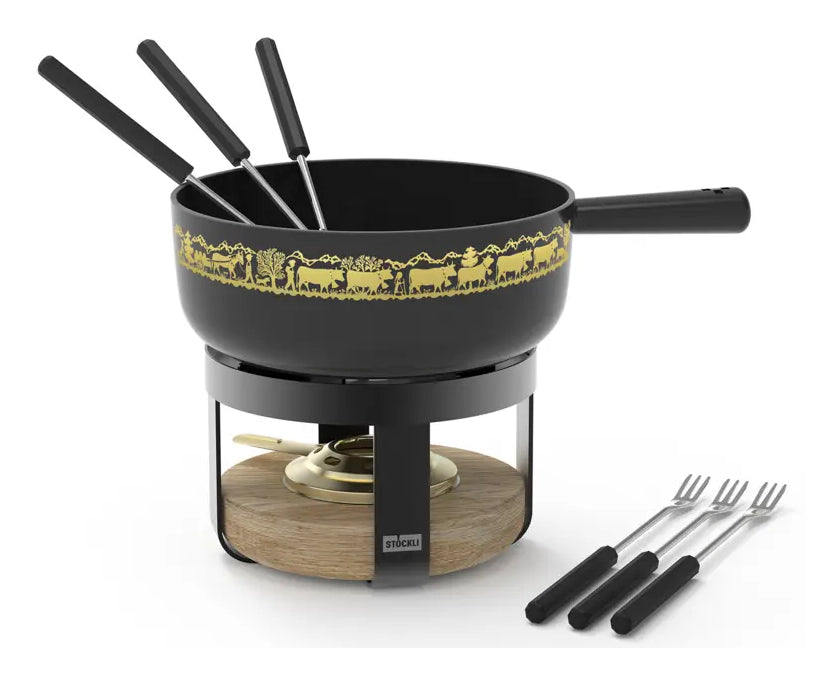 Stöckli Fondue-Set Pilatus Wood – Stahl/Holz, für Käsefondue, Holzoptik/Schwarz, 6 Personen