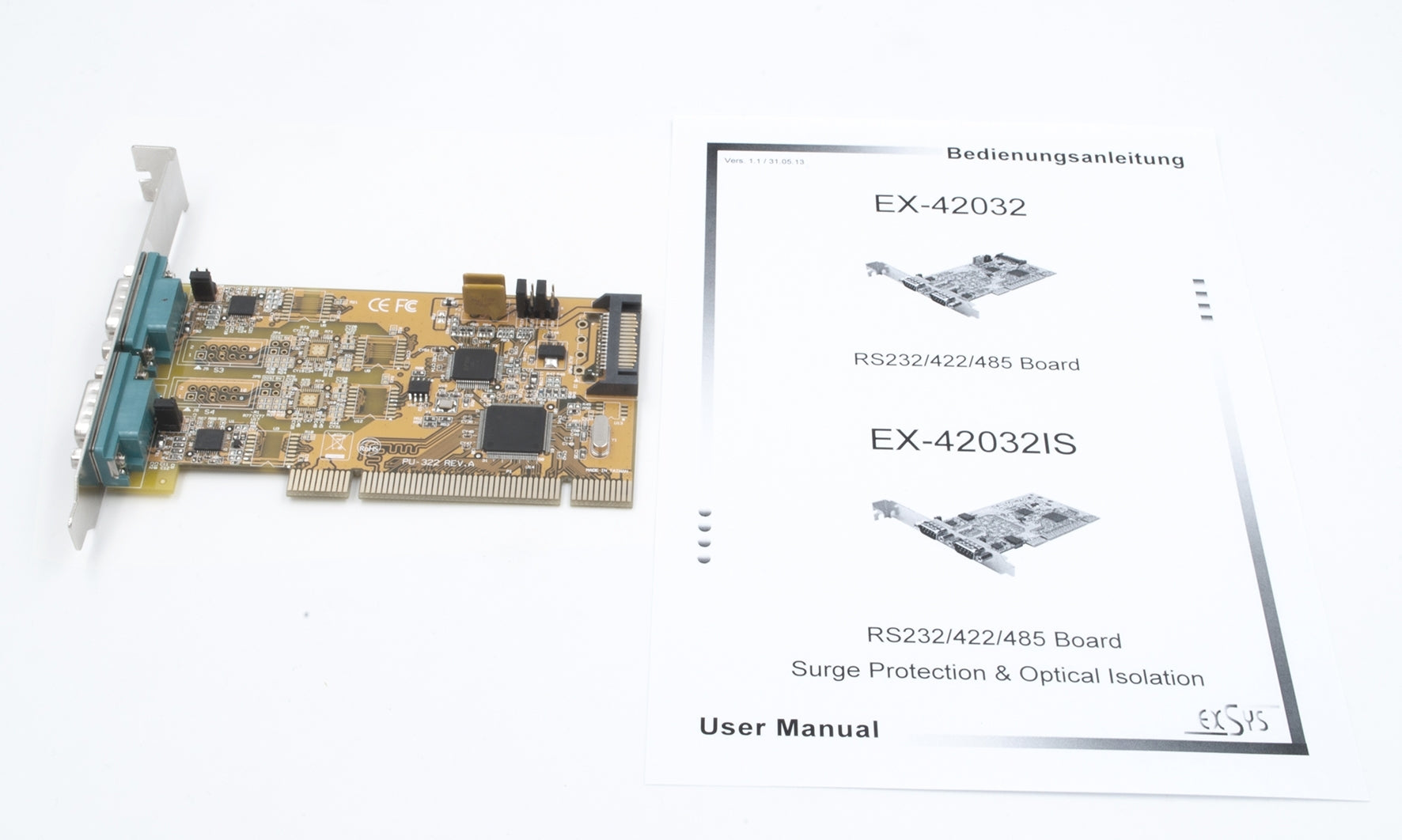EXSYS EX-42032 Serielle PCI-Karte – 2× RS-232/422/485, FTDI, PCI, Full-Profile – für Windows/Linux/macOS
