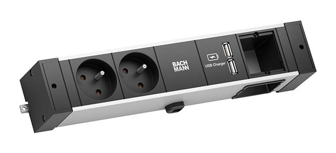 Bachmann DESK RAIL Tischsteckdosenleiste, 2×UTE (Typ E), 2×USB 5 V/3,1 A, 2 m – schwarz/silber