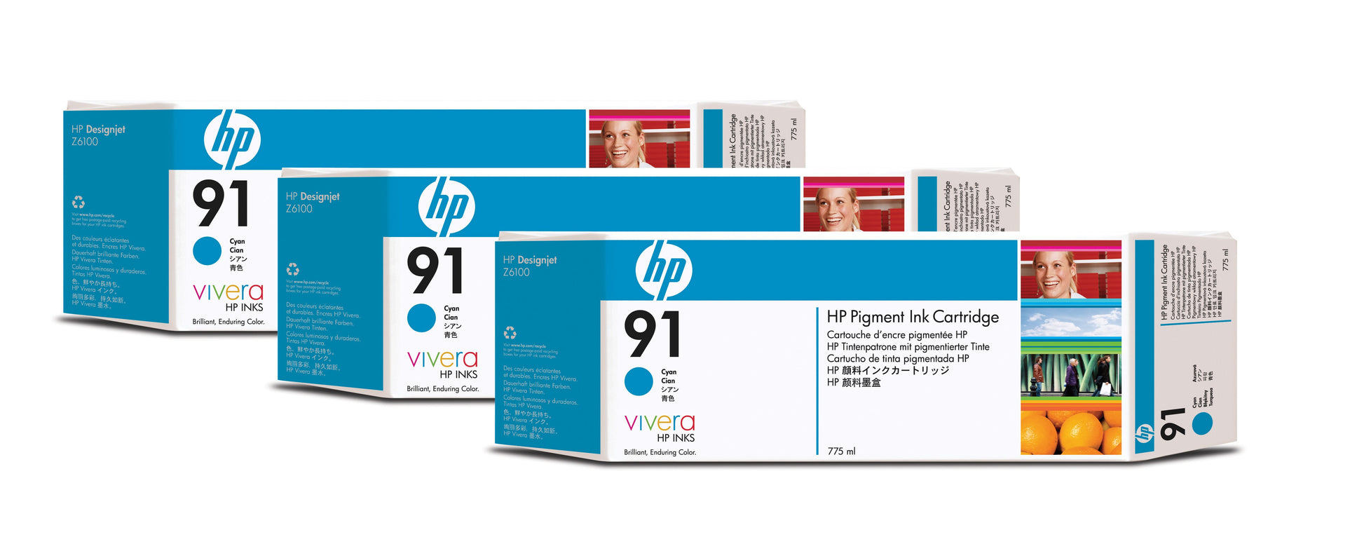 HP Tintenpatronen-Multipack 91 (C9483A), Cyan, 3er-Pack, Original – für Designjet Z 6100