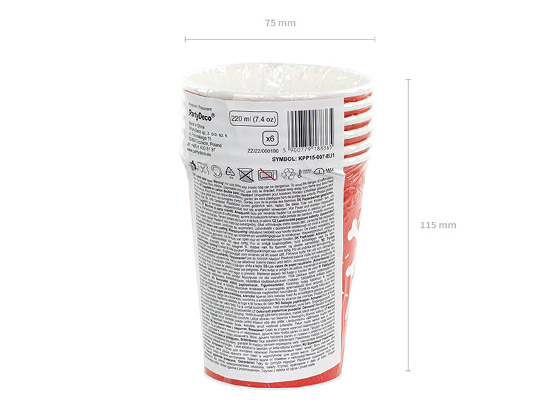 PartyDeco Becher Piraten, Papier/Karton – 2,2 dl, Rot/Weiss – 6 Stk.