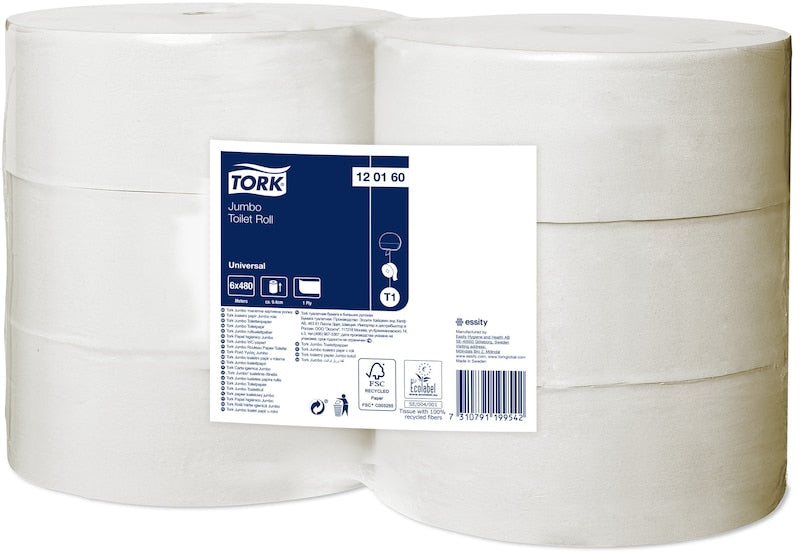 Tork Toilettenpapier Jumbo – 1-lagig, Rollenlänge 480 m, 2'400 Blatt/Rolle – für Tork T1 – 6 Rollen