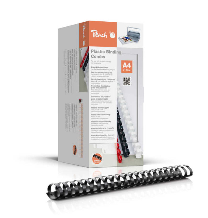 Peach CombBind Plastikbinderücken – A4 – Ø 38 mm – 21 Ringe – bis 375 Blatt, Schwarz – 50 Stk.
