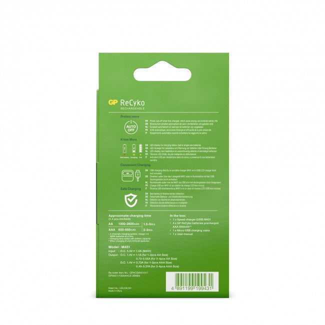GP Batteries M451/100AAAHCE-2WB4 Batterieladegerät 4× – für AAA, NiMH – USB×1 – grün – inkl. Akkus