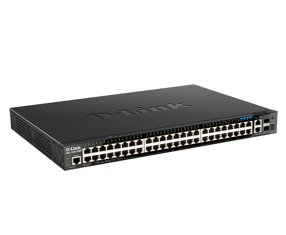 D-Link DGS-1520-52MP – Managed L3 Switch – 44× 1G, 4× 2,5G, 2× 10G, 2× SFP+, PoE+, PoE-Budget 370 W, 19", 1U