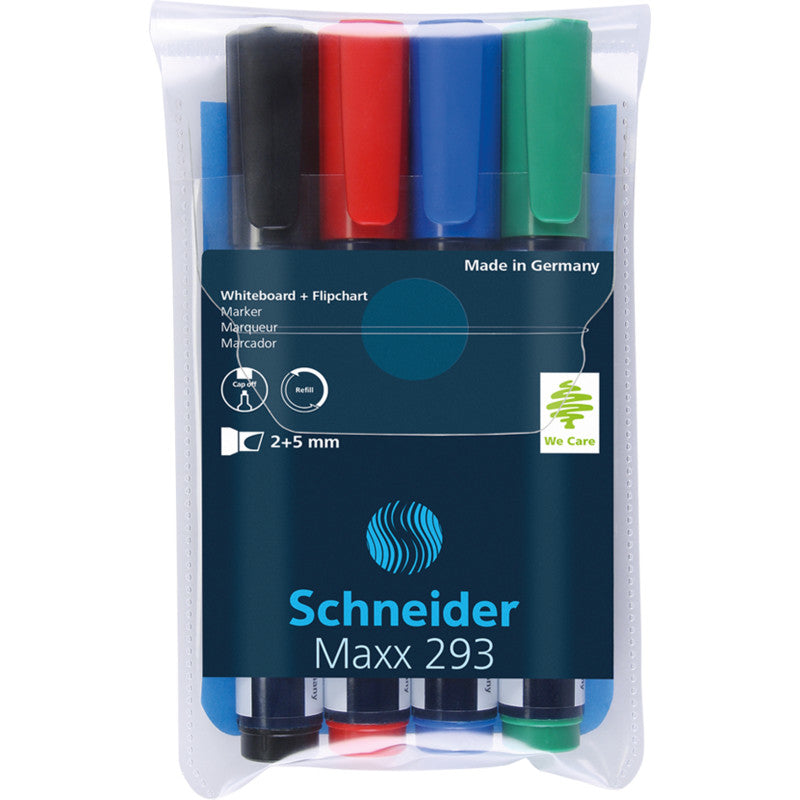 Schneider Schreibgeräte Whiteboard-Marker – 4 Farben, 4 Stk., feucht abwischbar, nachfüllbar – für Whiteboards