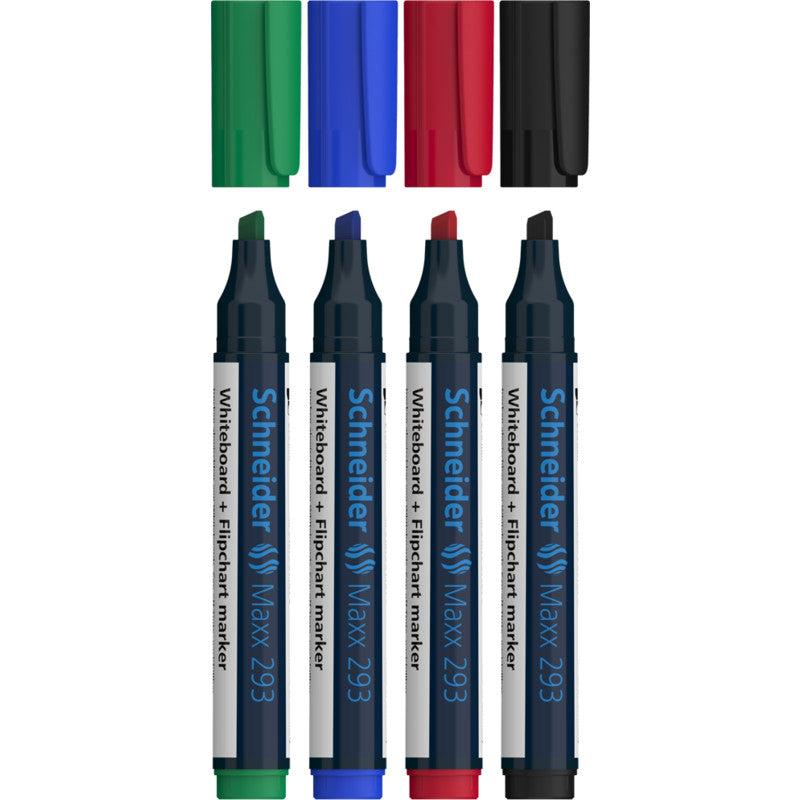 Schneider Schreibgeräte Whiteboard-Marker – 4 Farben, 4 Stk., feucht abwischbar, nachfüllbar – für Whiteboards