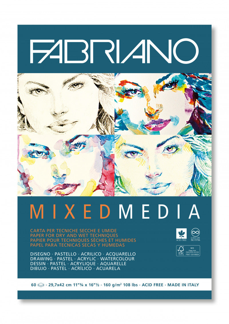Fabriano Mixed Media Block – A3 – 160 g/m² – 60 Blatt, weiss, natürliche Körnung