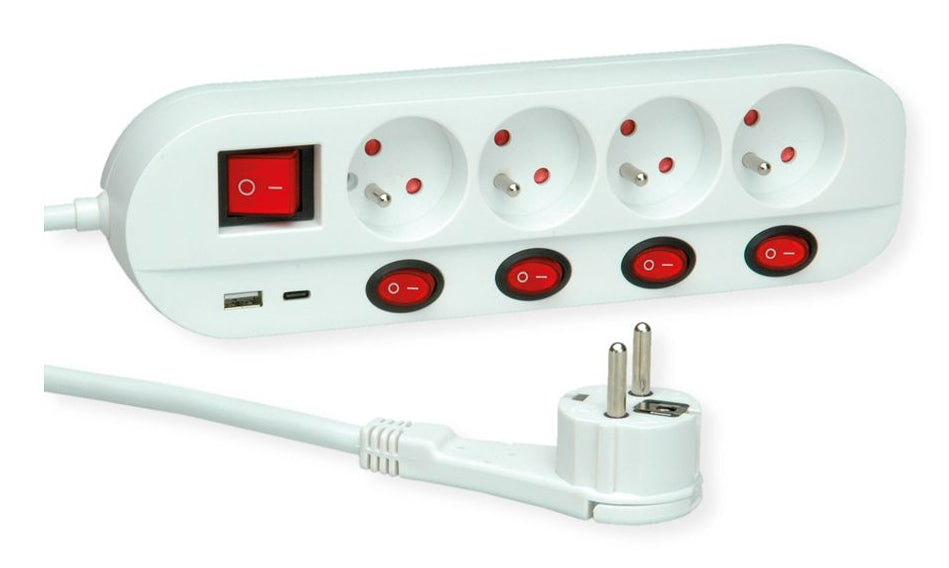 ROLINE Steckdosenleiste, 4×UTE, 1×USB‑A 5 V 2,4 A + 1×USB‑C 5 V 2,4 A, einzeln schaltbar, 3 m – weiss