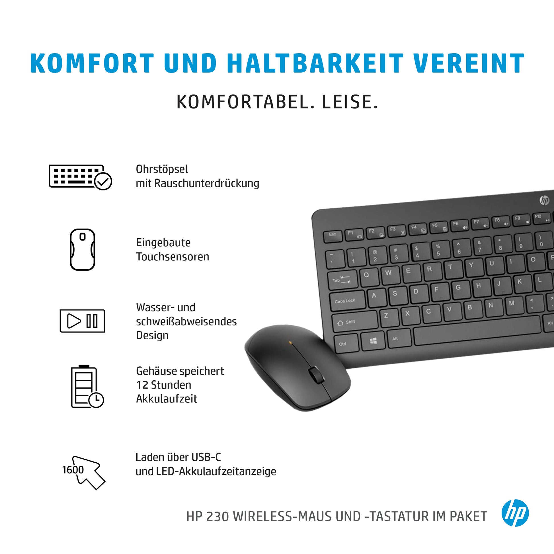 HP 230 – Tastatur- und Maus-Set – Membran – 2,4 GHz USB-A (Empfänger) – Weiss – für HP-PCs mit USB-A-Anschluss