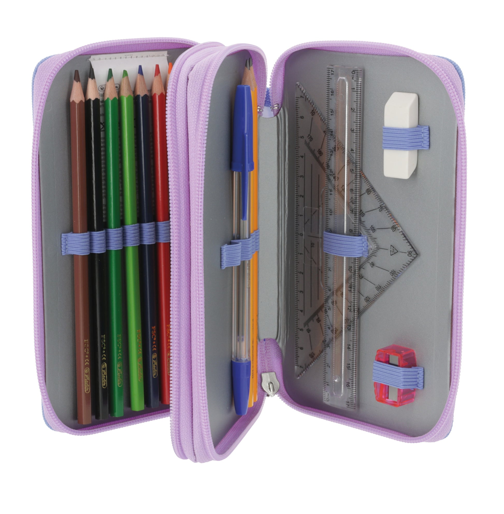 Herlitz Mystic Mermaid – Schüleretui, 2 Klappen, gefüllt (23-teilig), Blau/Pink, 19,3 × 5 × 11,5 cm