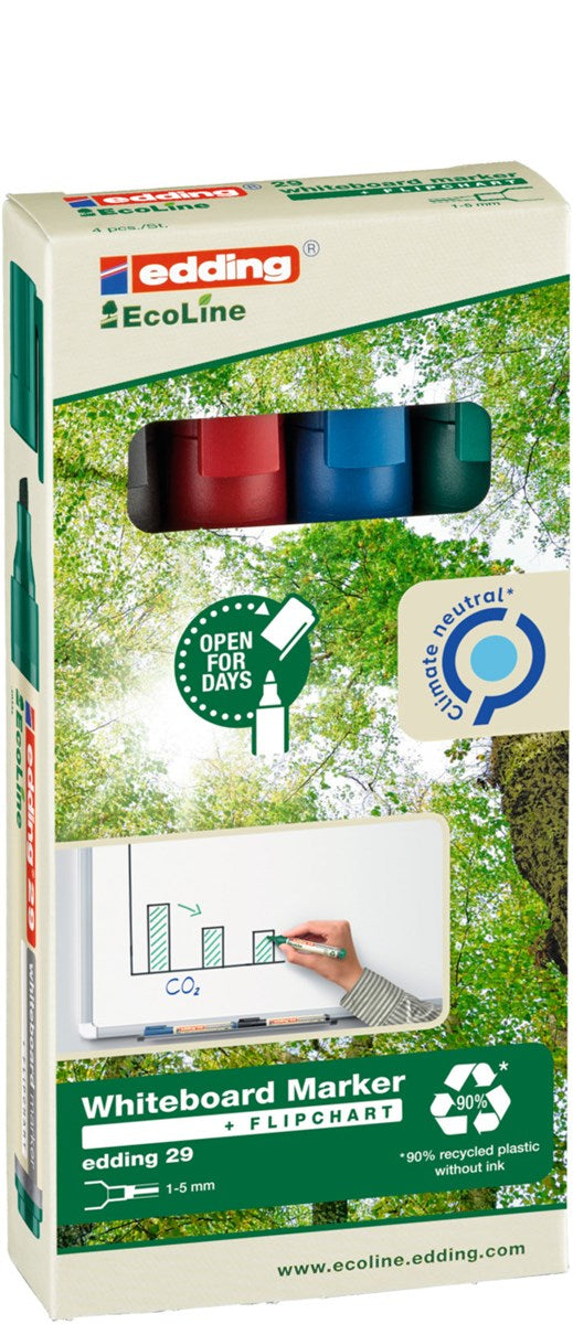 Edding Whiteboard-Marker 29 EcoLine – Keilspitze 1-5 mm – sortiert – 4er-Set – trocken abwischbar