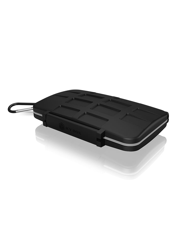 ICY BOX IB-AC620-CR Speicherkartenetui – Polycarbonat/Silikon – für 4× CF, 8× SD, 16× microSD – Schwarz