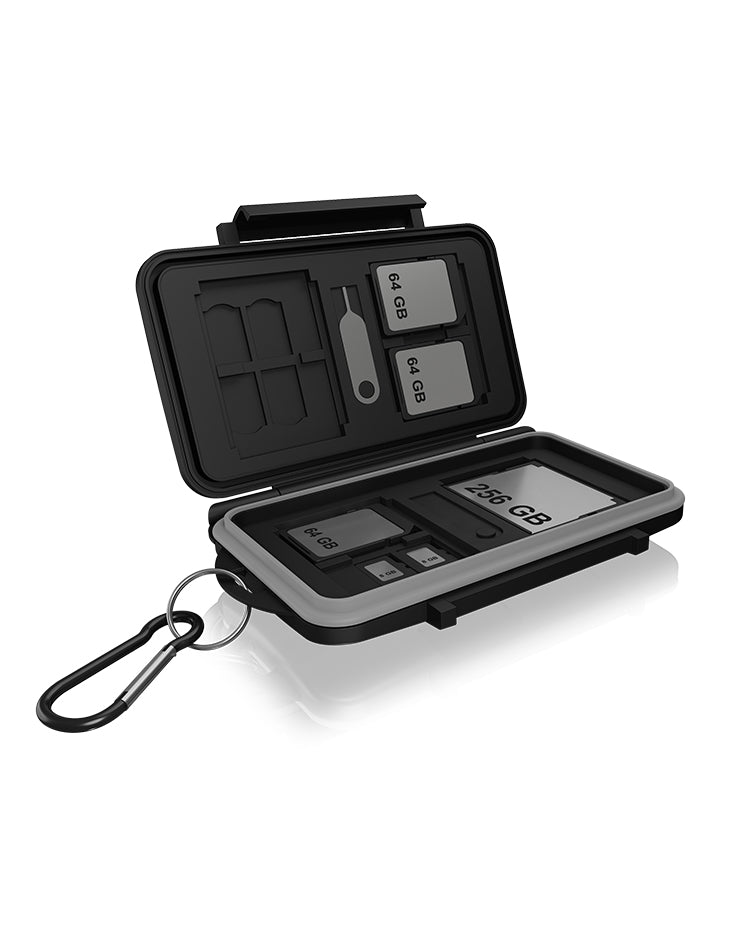ICY BOX IB-AC620-CR Speicherkartenetui – Polycarbonat/Silikon – für 4× CF, 8× SD, 16× microSD – Schwarz