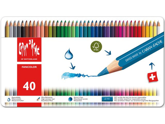 Caran d-Ache Caran d'Ache Aquarellfarbstifte Fancolor – 40 Farben, im Metalletui, Ø 2,8 mm, FSC