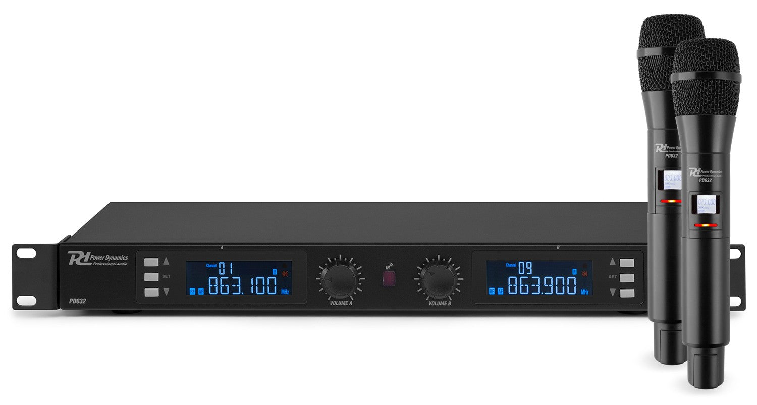 Power Dynamics PD632H Bühnenmikrofon 2er-Set – XLR, Kabellos (UHF), Niere, 60–18'000 Hz