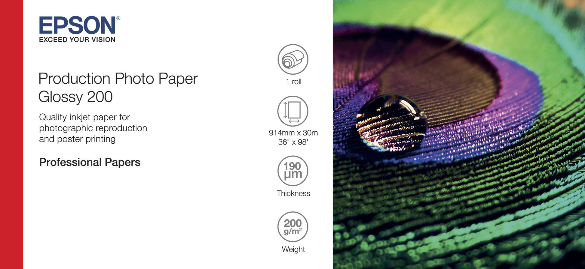 Epson Produktions-Fotopapierrolle – glänzend, 914 mm × 30 m, 200 g/m², für Tintenstrahl