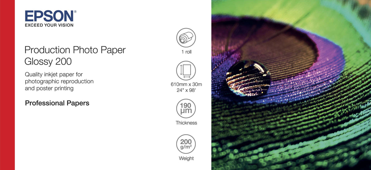Epson Fotopapier glänzend – 610 mm × 30 m – 200 g/m² – Kern 2" – für SureColor SC-P9000 und andere
