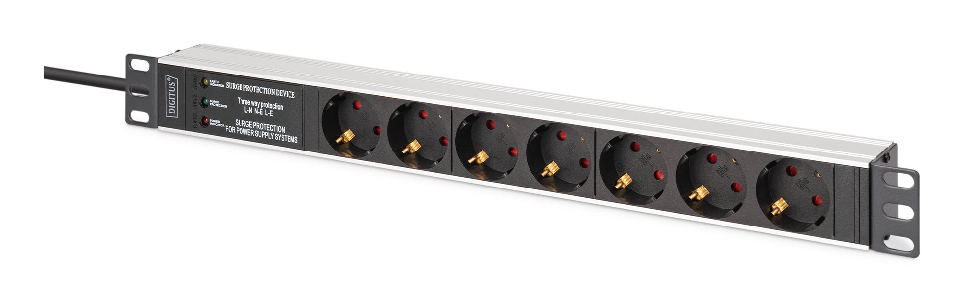 Digitus Rack-PDU – 1U, horizontal/vertikal, 7× Schuko (Typ F), 230 V/16 A, 2 m, schwarz/silber