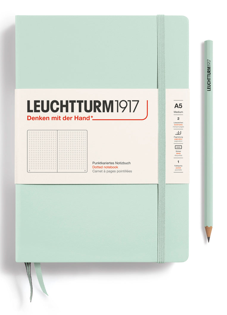 Leuchtturm Notizbuch – A5 – 251 Seiten – 80 g/m² – Hardcover, Gummiband, Einstecktasche, Mint, FSC