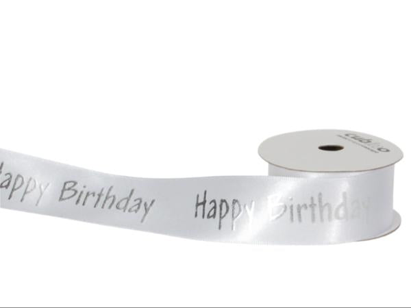 Spyk Geschenkband Cubino Happy Birthday weiss/silber – 25 mm × 3 m