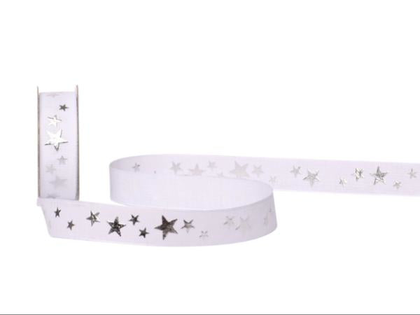 Spyk Geschenkband Cubino Étoiles Silber/Weiss – 16 mm × 3 m – mit Muster – Weihnachten