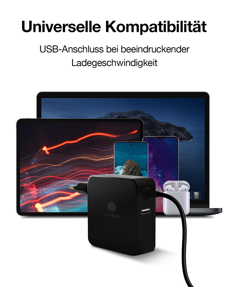 ICY BOX IB-PS101-PD USB-Ladegerät 90 W – USB-C×1, USB-A×1 – PD – für Laptop, Smartphone, Tablet